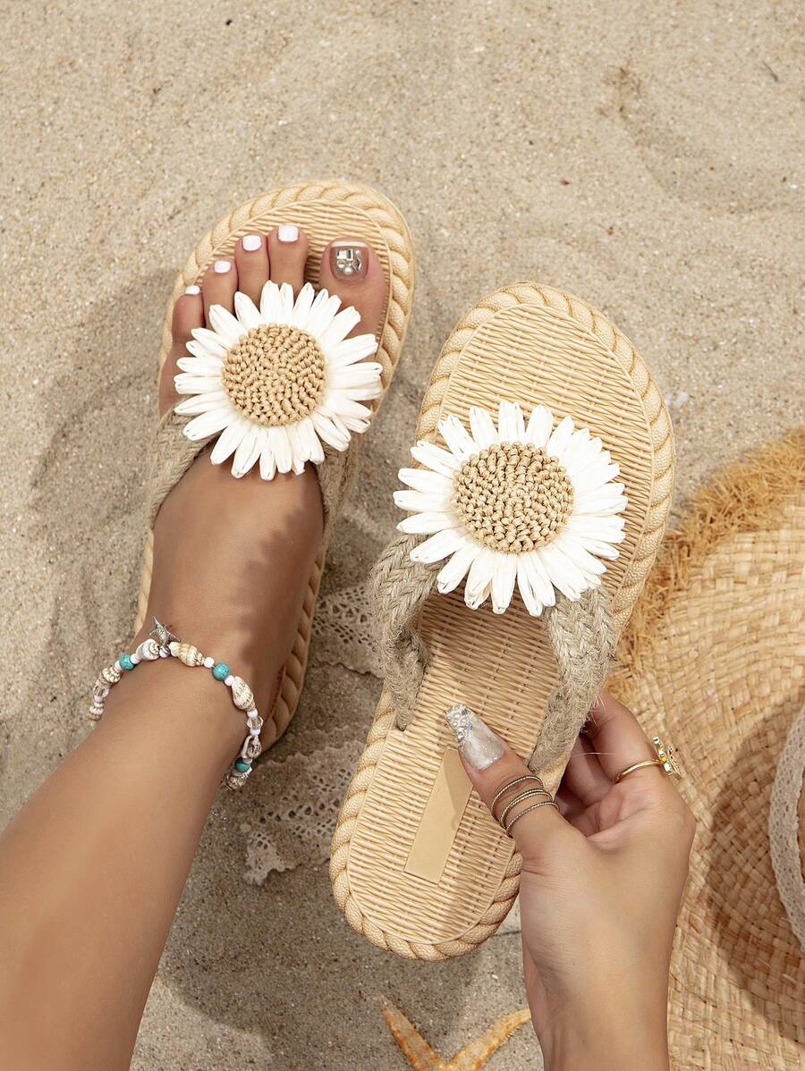 Women's Floral Embellished Casual Flat Rope Thong Sandals