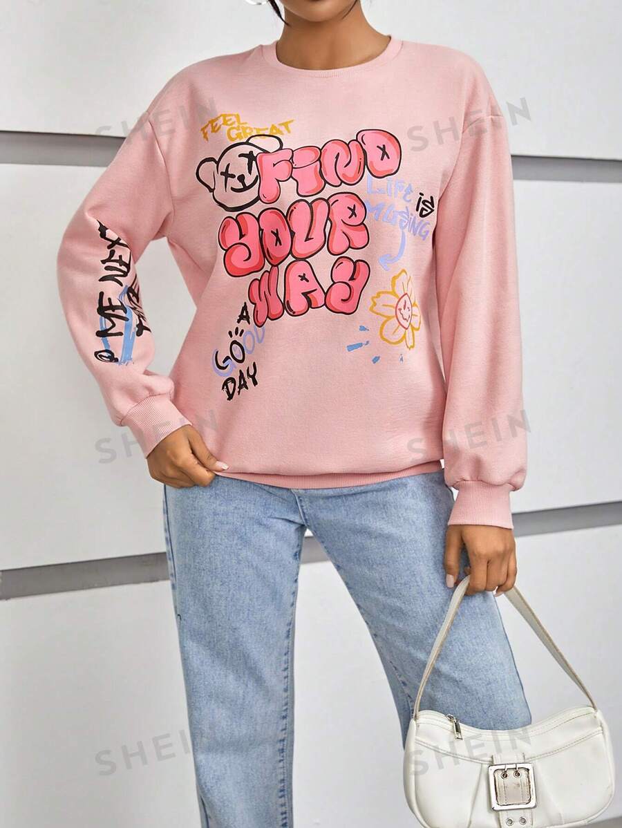 SHEIN EZwear Sudadera con estampado de slogan de hombros caídos