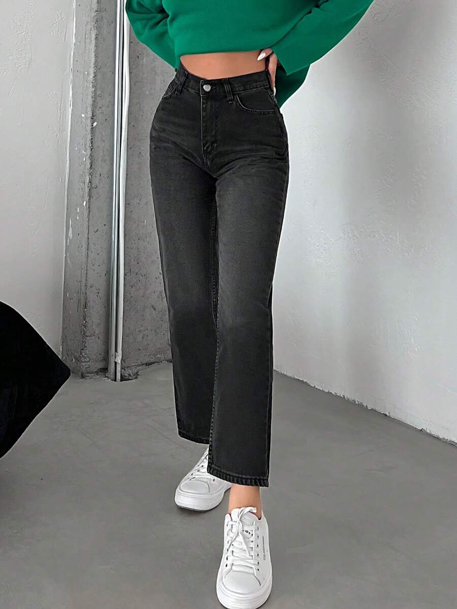 Solid Straight Leg Cropped Jeans