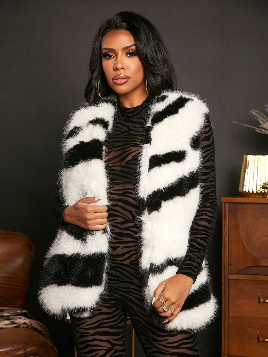 SHEIN SXY Graphic Pattern Fluffy Vest Coat