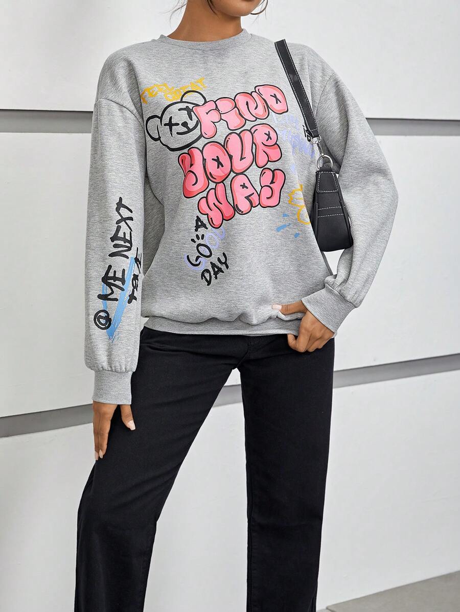 SHEIN EZwear Slogan & Cartoon Graphic Drop Shoulder Sweatshirt