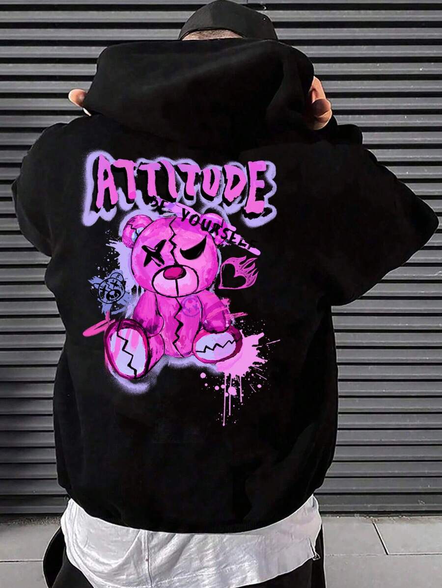 Manfinity VCAY Sudadera con capucha holgada para hombres con estampado de oso y letras con hombros caídos