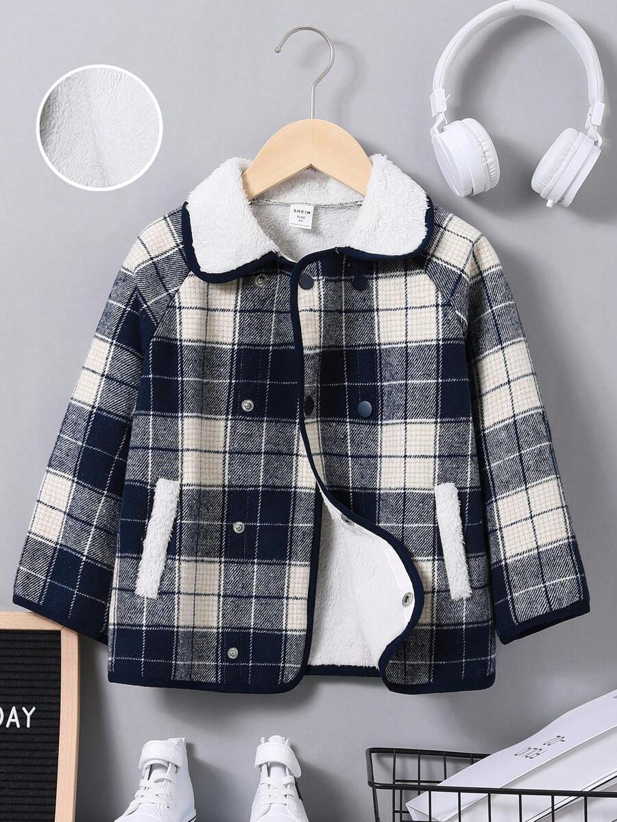 SHEIN Chico joven Abrigo con estampado de cuadros cuello de borreguito con forro teddy