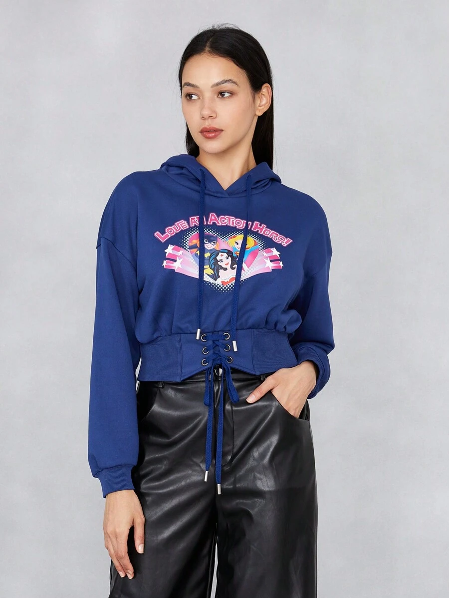JUSTICE LEAGUE X SHEIN Letter Graphic Drop Shoulder Drawstring Hoodie