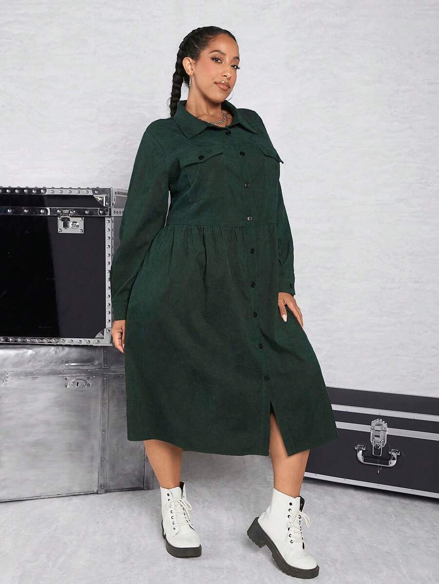 SHEIN CURVE+ Talla grande Vestido camisero con bolsillo con solapa con botón delantero