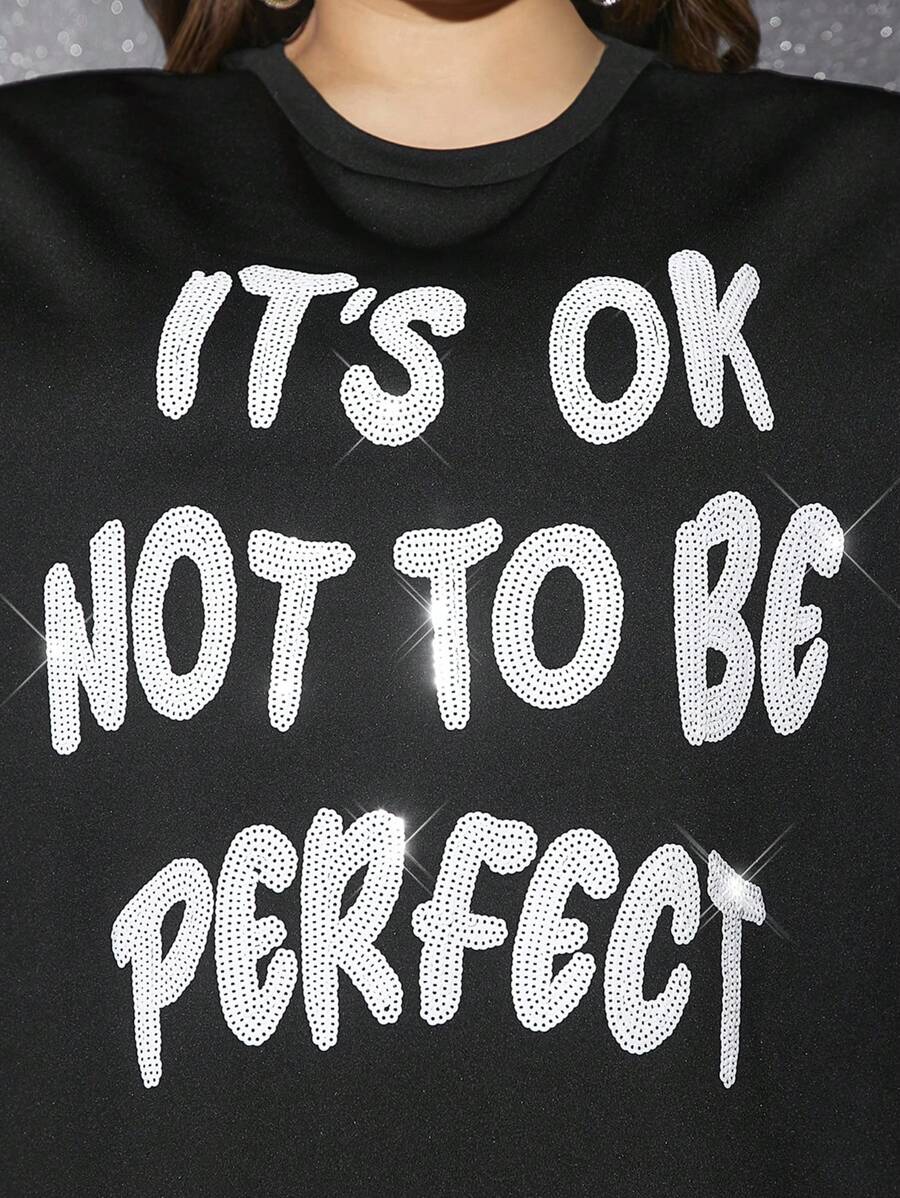 SHEIN SXY Women'S Plus Size Sparkly Sequin 'It'S OK Not To Be Perfect' Slogan Design T-Shirt New Years Top Club Outfits