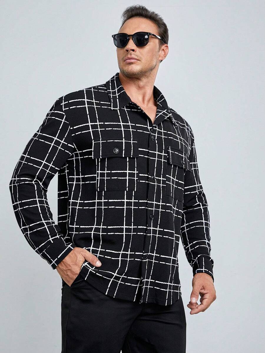 Manfinity VCAY Shacket À Carreaux À Impressions Pour Hommes, Grande Taille, Coupe Ample, Avec Poches À Rabat