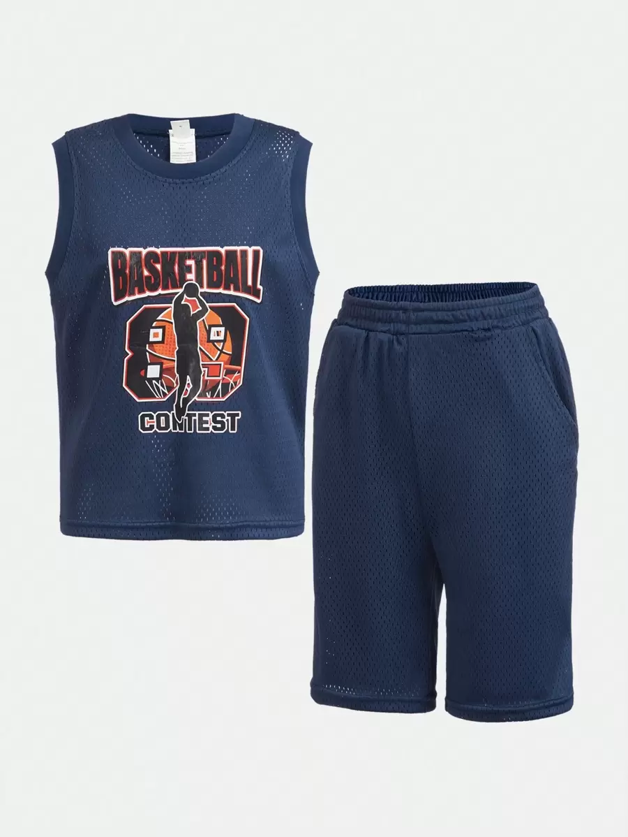 SHEIN Chico preadolescente malla transpirable de tela baloncesto con estampado Ropa de deporte Traje , adecuado para exterior deportivo , de aptitud física , aeróbicos