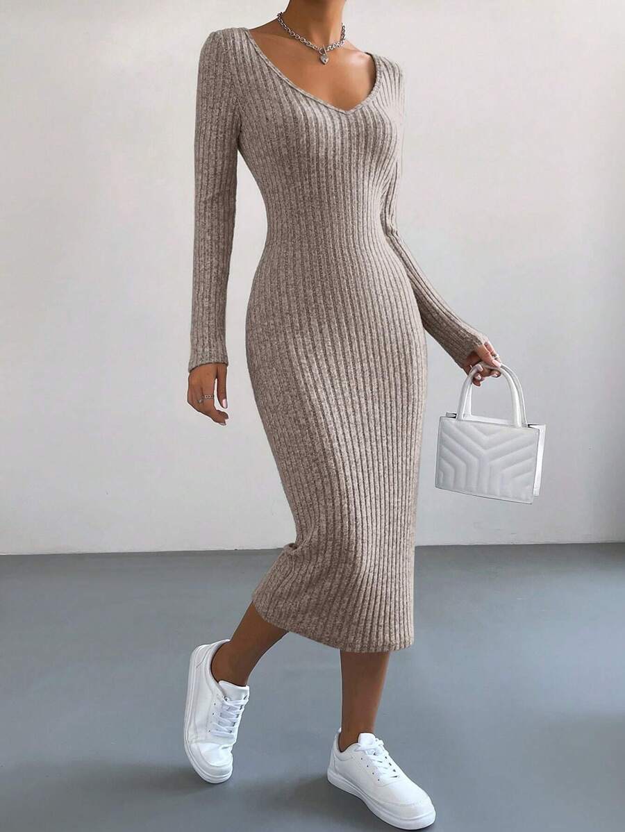 SHEIN Essnce V Neck Ribbed Knit Bodycon Dress