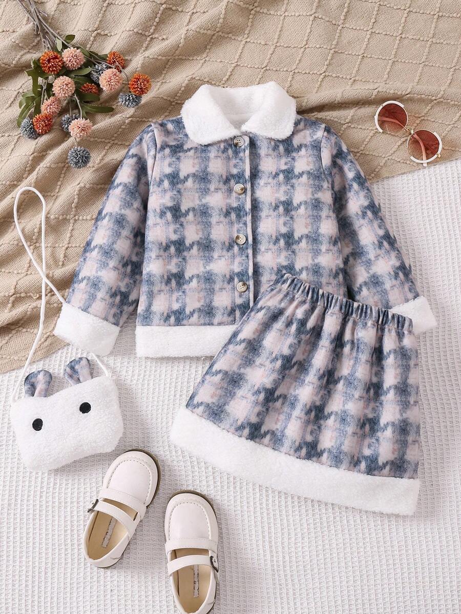 SHEIN Young Girl Borg Collar Button Up Thermal Jacket & Skirt