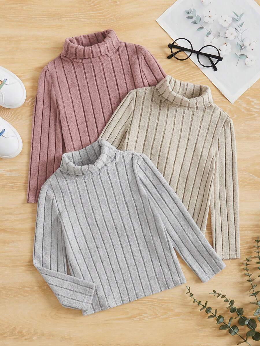 Set de 3 camisetas de punto de cuello redondo de ajuste ceñido en unicolor para niñas preadolescentes, gris, rosa, albaricoque
