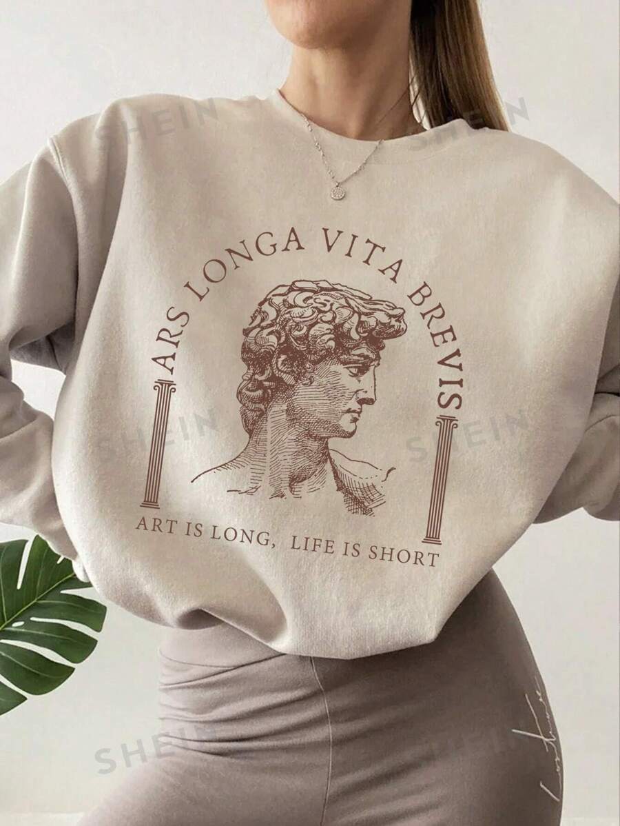 INAWLY Sudadera Drop Shoulder con gráfico de letra y cifra "ARS LONGA VITA BREVIS", "El arte es largo, la vida es corta", de manga larga