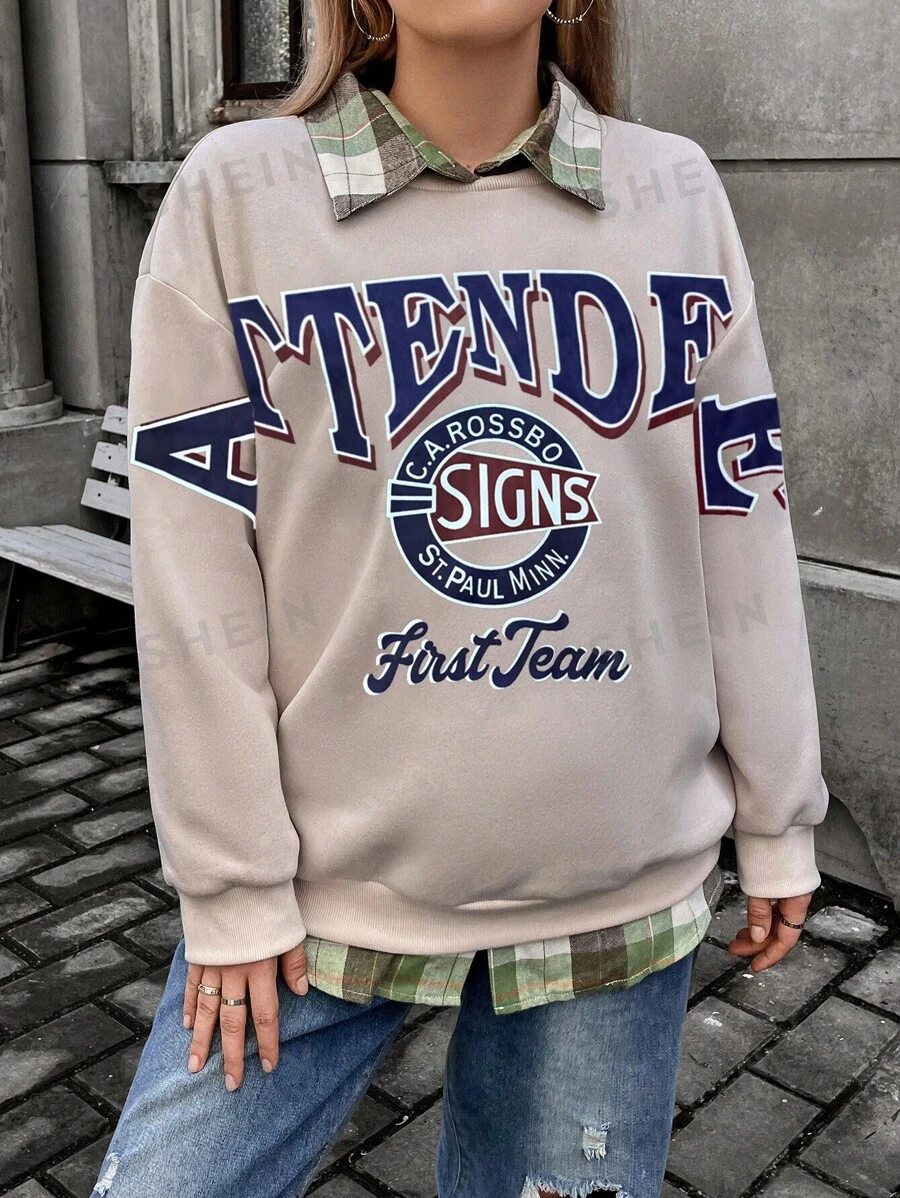 Flirla Talla grande Sudadera con estampado de letra de hombros caídos sin camisa