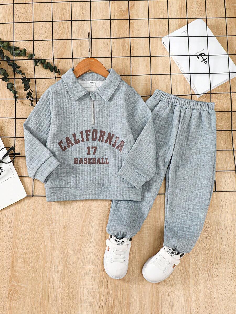 SHEIN Young Boy Letter Graphic Half Zipper Placket Sweatshirt & Sweatpants