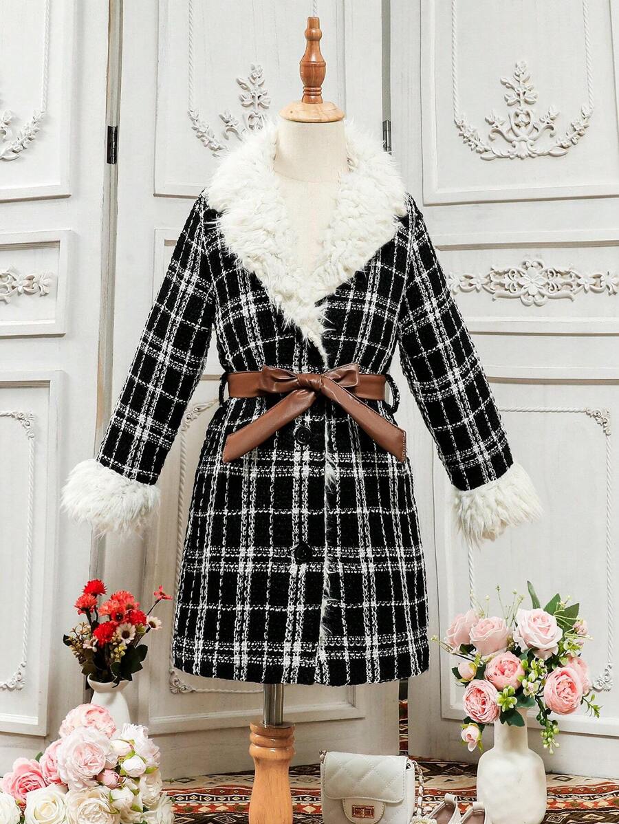 SHEIN Chica preadolescente 1 pieza Abrigo con patrón de cuadros de peluche panel con cinturón tweed