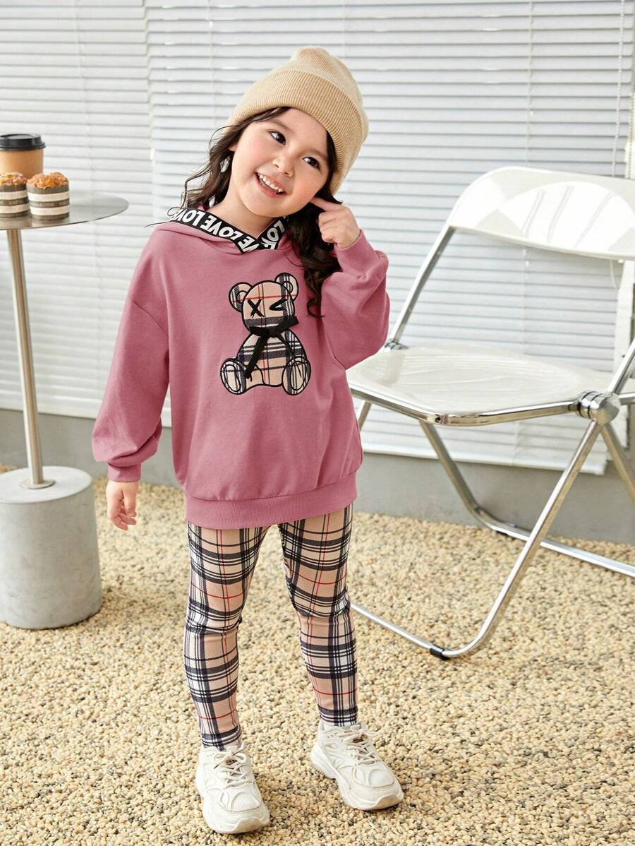 SHEIN Young Girl Bear Print Drop Shoulder Hoodie & Plaid Leggings