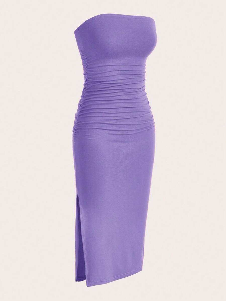 SHEIN EZwear Split Thigh Ruched Side Tube Bodycon Dress,Lavender Dress