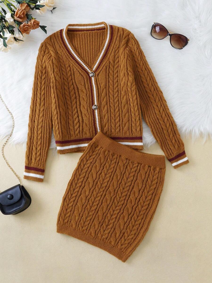 SHEIN Tween Girl Striped Trim Cable Knit Cardigan & Knit Skirt