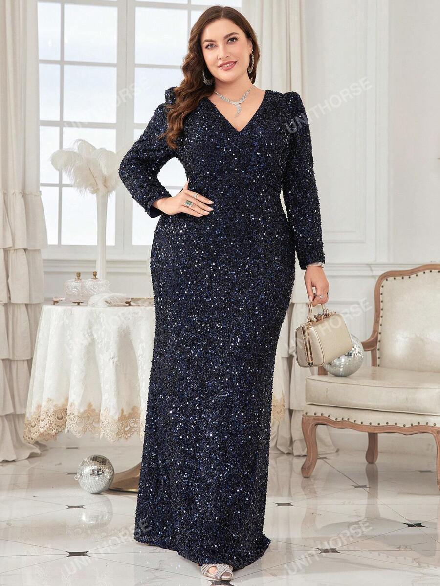 UNITHORSE Vestido formal de manga abullonada, con lentejuelas de talla grande, elegante vestido de noche de manga larga para graduación, cena o fiesta de bodas