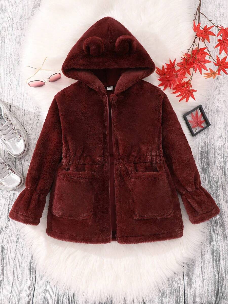 SHEIN Adolescent Fille Manteau À Capuche Design Oreilles 3D Avec Poches
