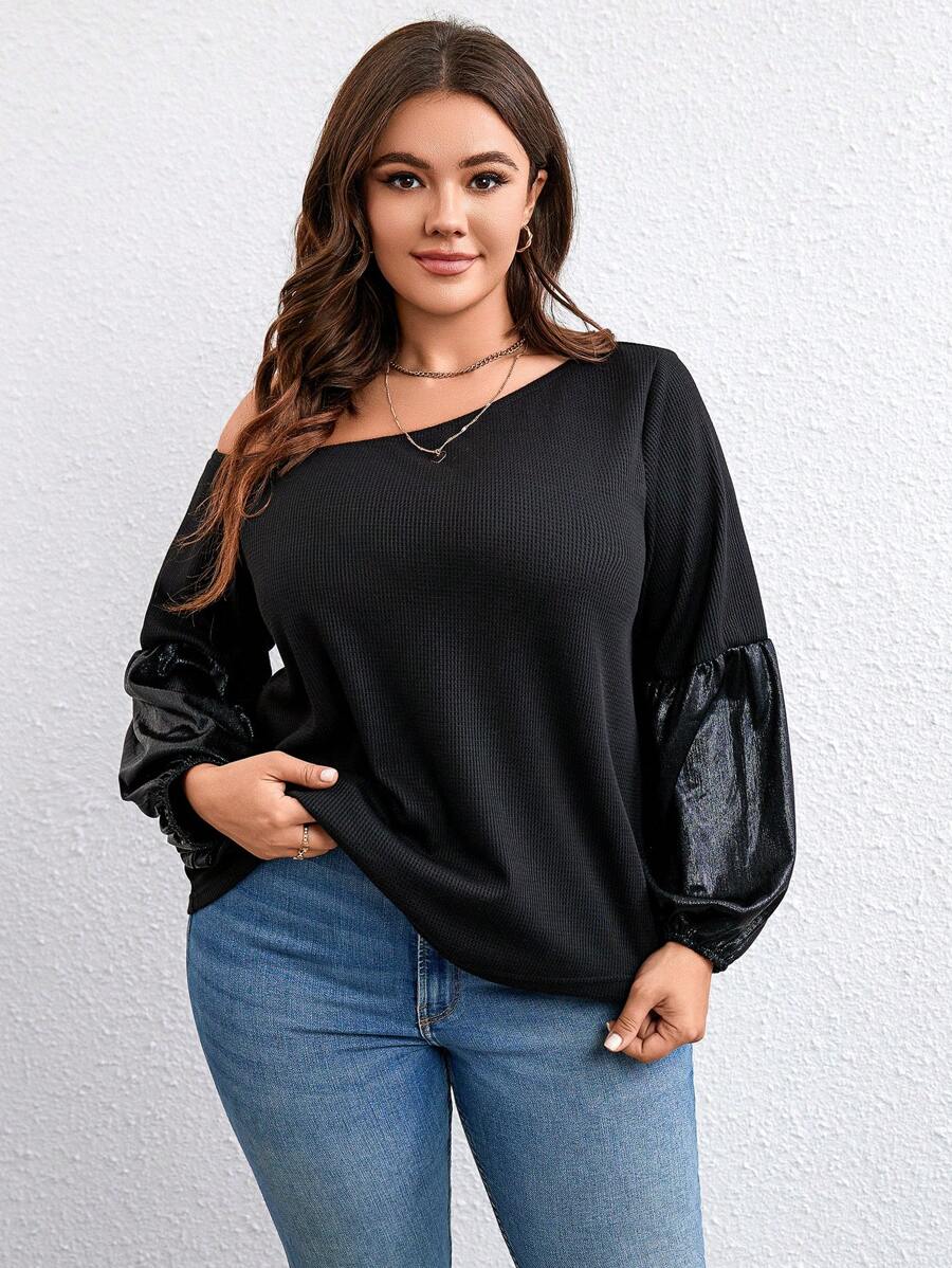 SHEIN LUNE Plus Asymmetrical Neck Lantern Sleeve Waffle Knit Top
