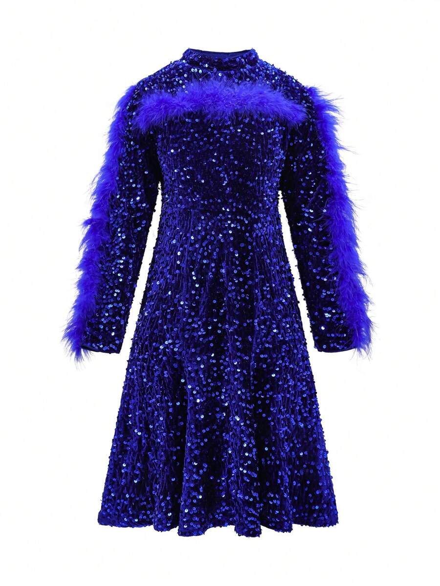 SHEIN Chica preadolescente Vestido ribete lanudo de cuello alto con lentejuelas