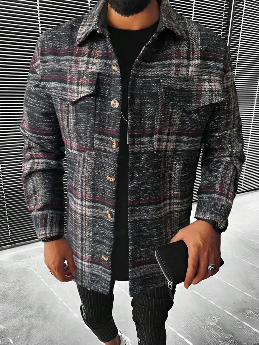 Manfinity Homme Hombres Sobrecamisa de cuadros con bolsillo con solapa