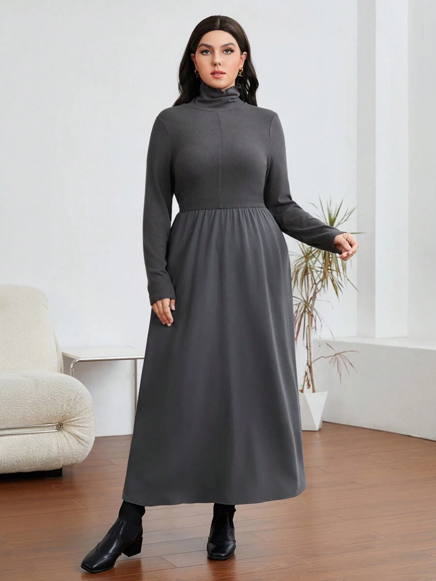 Mulvari Plus Solid High Neck A-line Dress