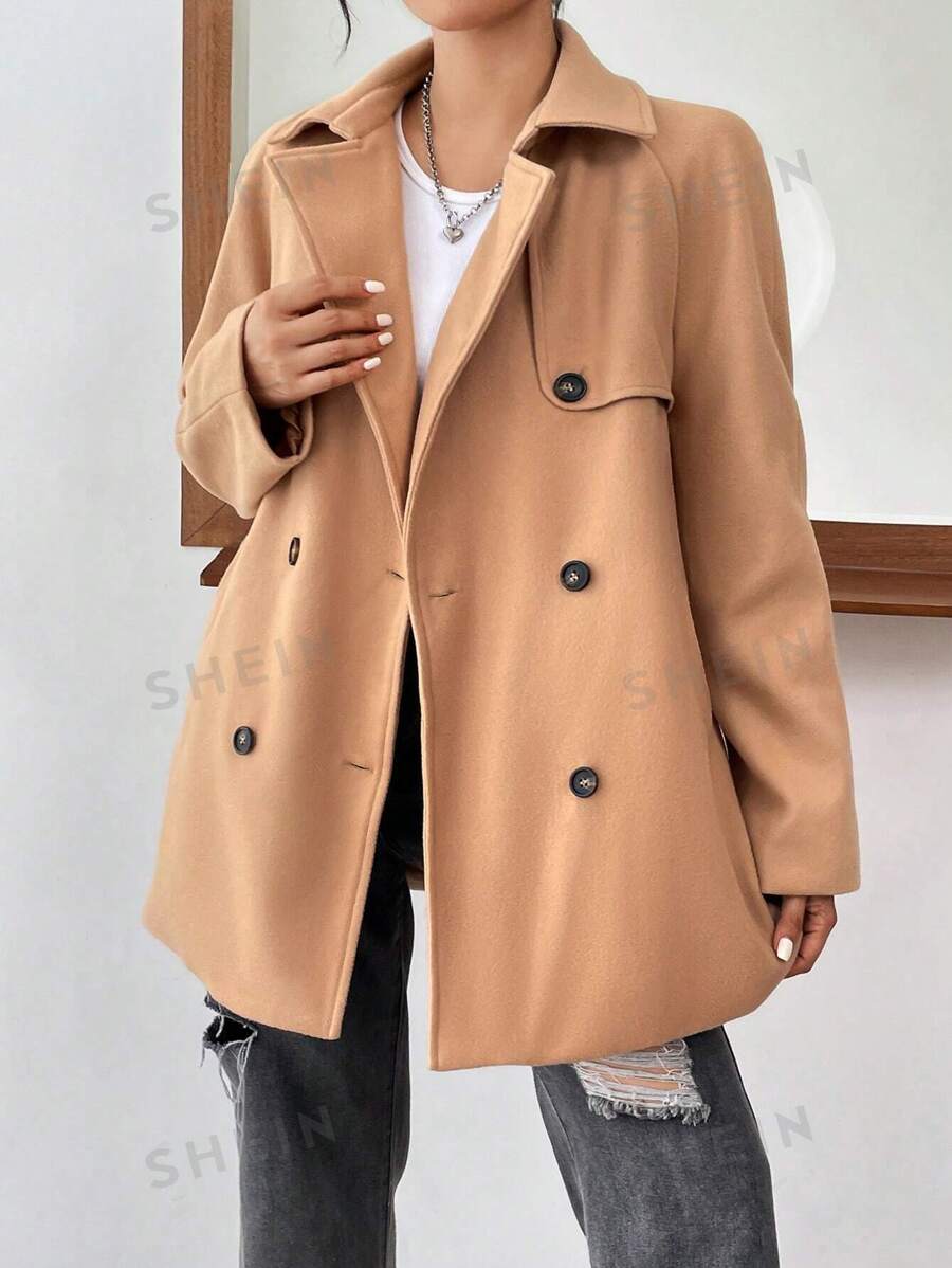 SHEIN EZwear Abrigo De Doble Botonadura Con Solapa Y Mangas Raglán Para Mujeres