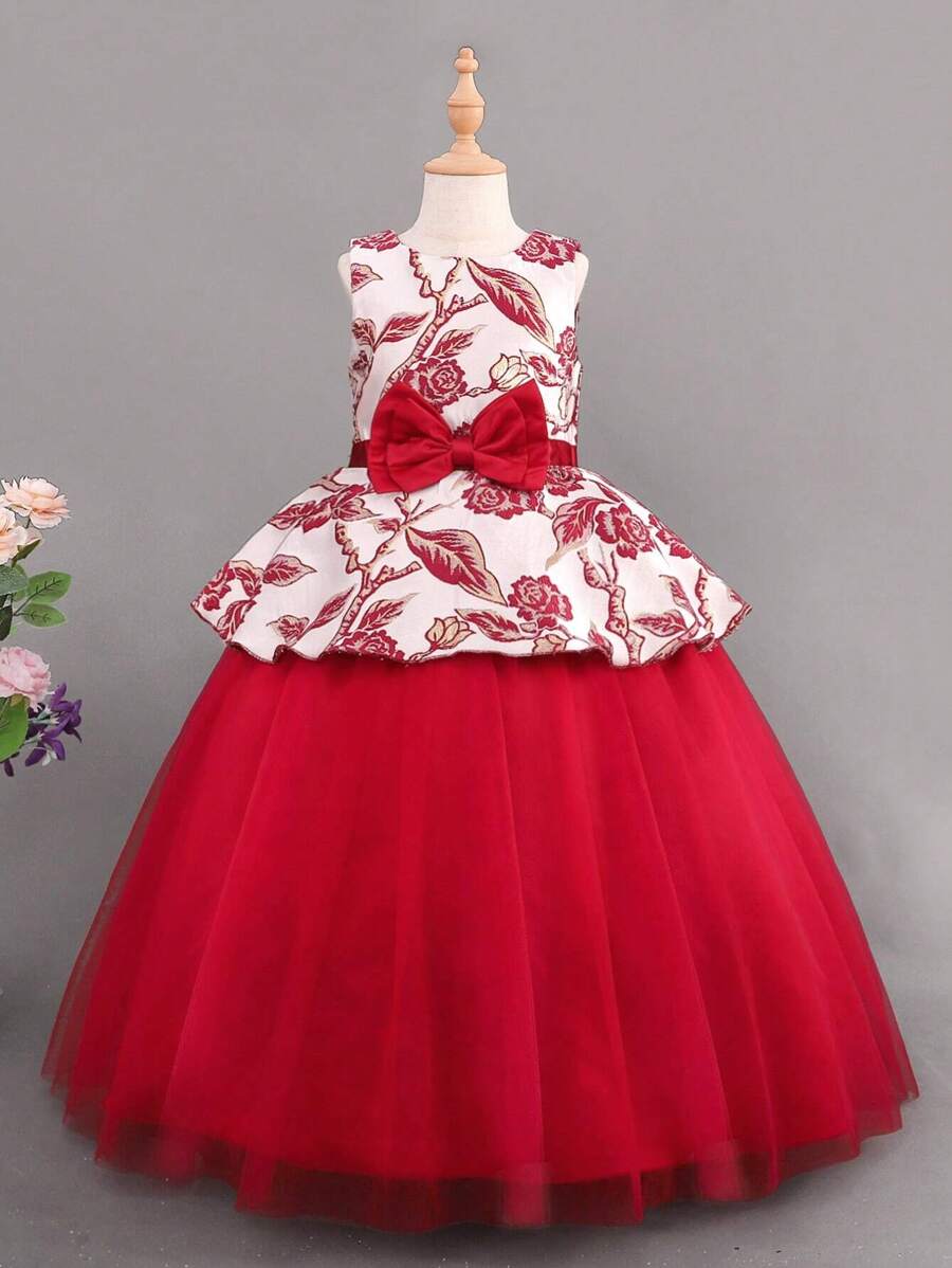 SHEIN Adolescent Fille Robe De Soirée Brodé Fleur À Nœud Papillon À Maille Pour Noël