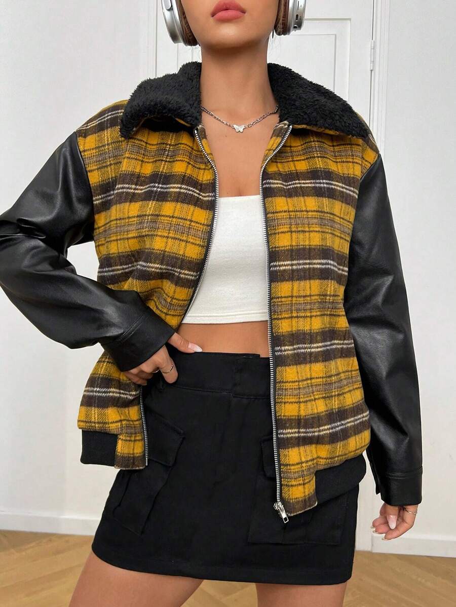 SHEIN EZwear Plaid Patchwork Fabric Zipper Front Jacket With Collar