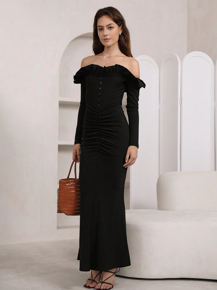 SHEIN Privé Off Shoulder Ruffle Trim Ruched Mermaid Hem Dress