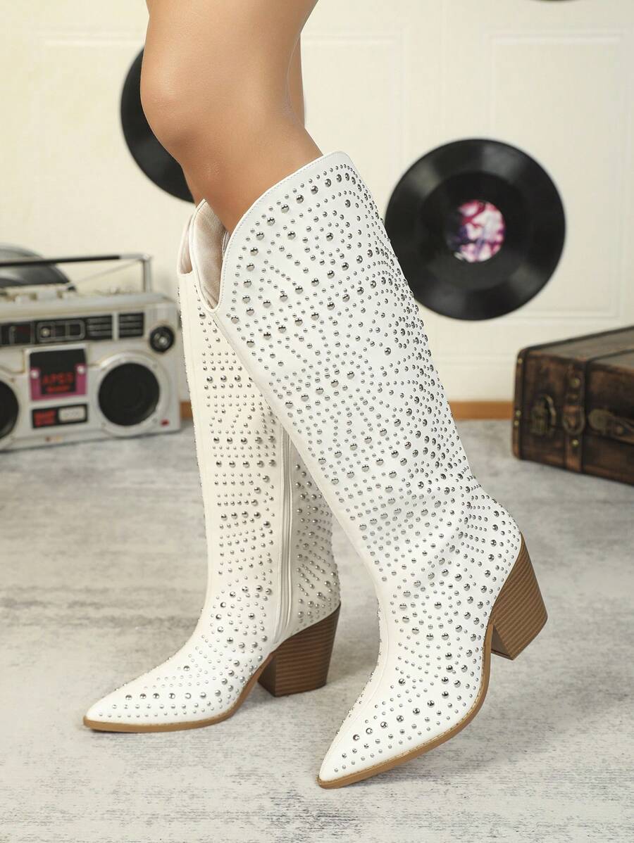 Styleloop Women's Fashionable Party Style White Mid-Calf Boots With Rivets Decoration Cowboy Boots