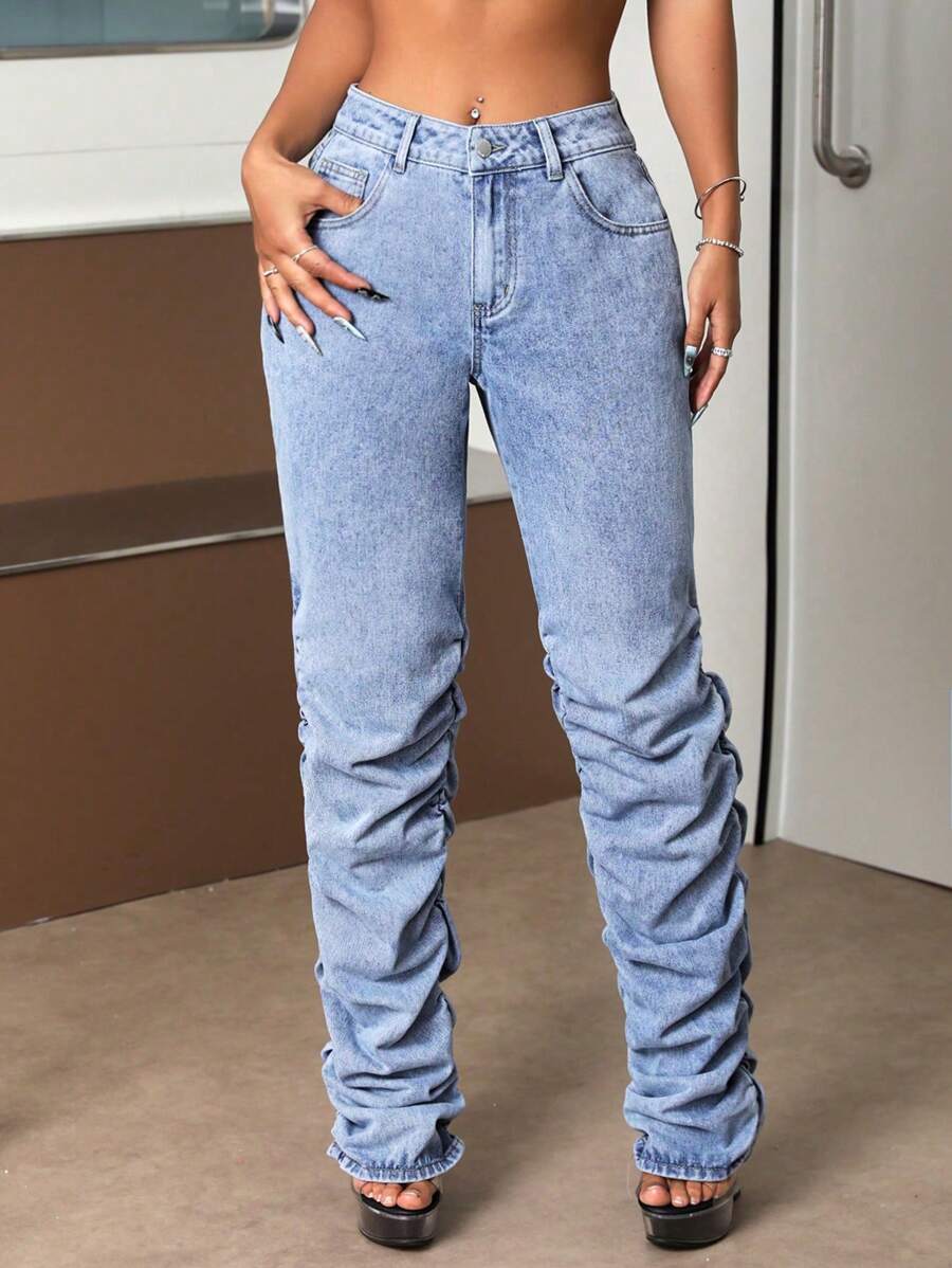 SHEIN ICON Solid Ruched Stacked Jeans
