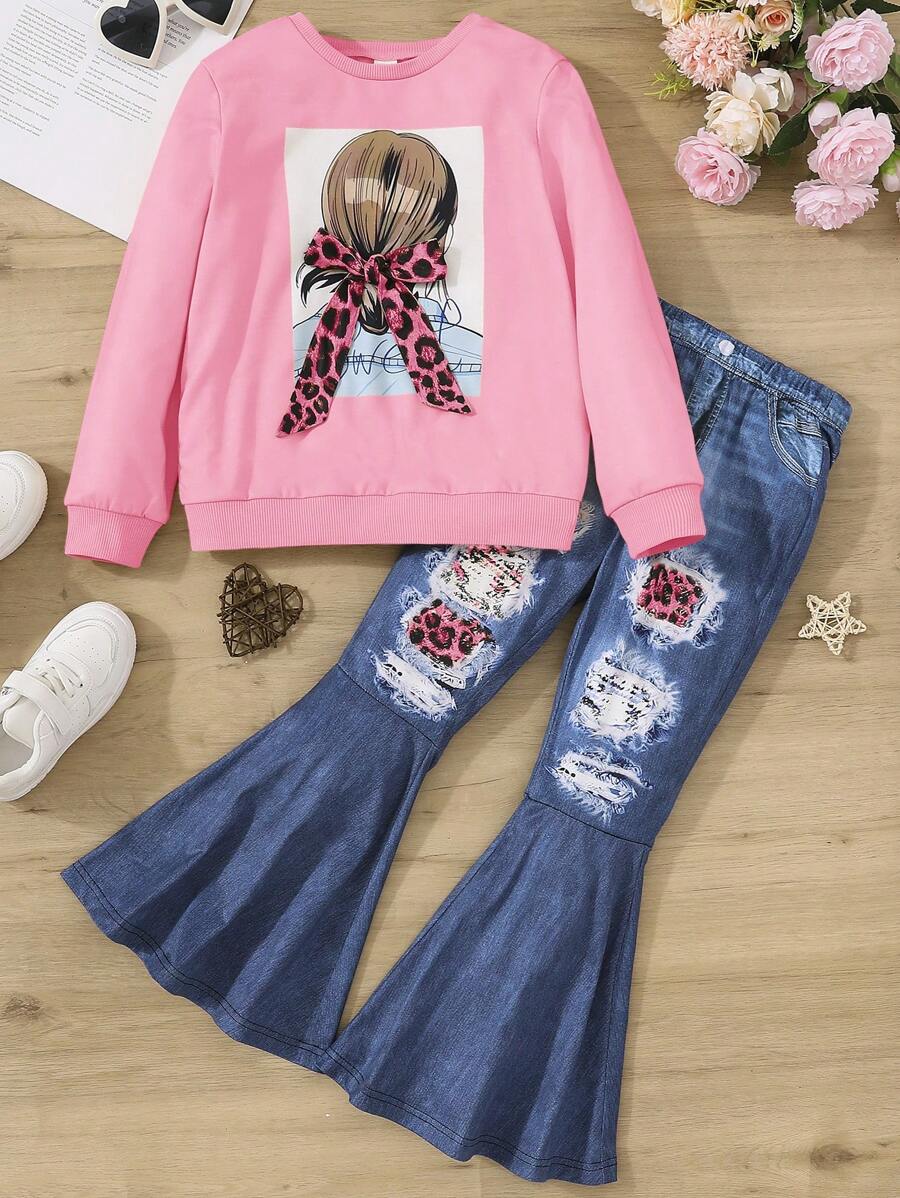 SHEIN Young Girls' Printed Sweatshirt And Flared Pants With Denim Effect Set