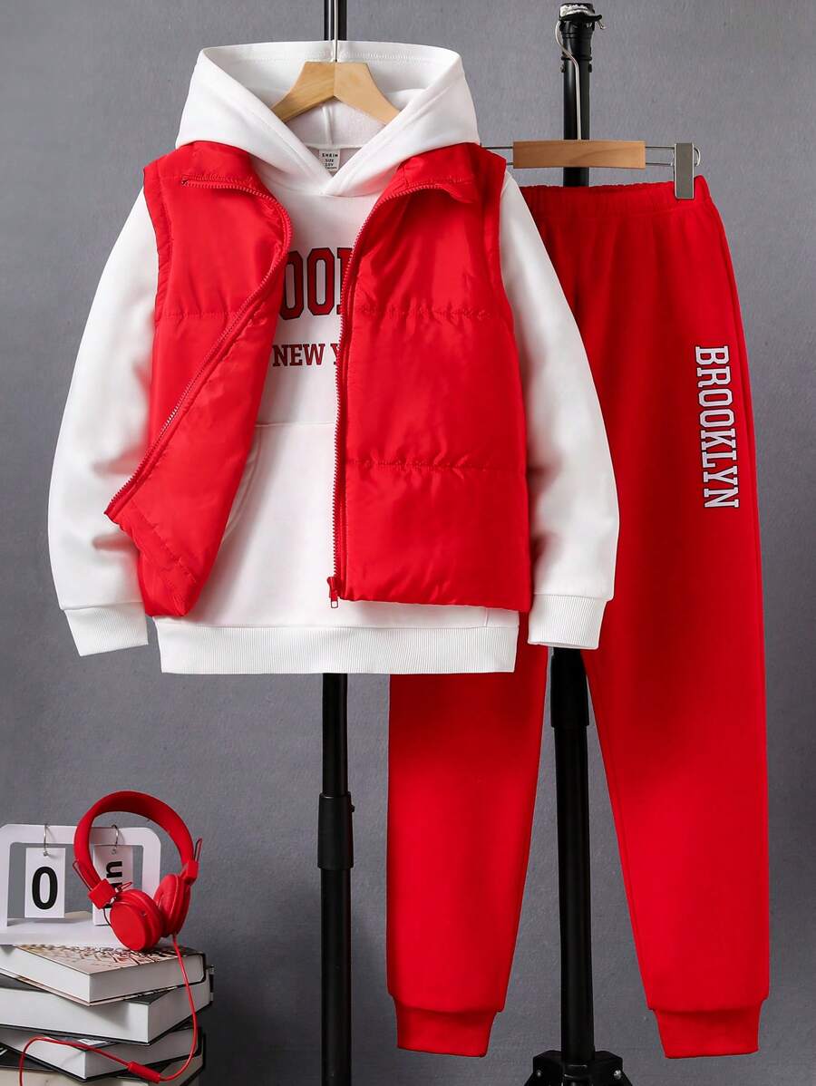 SHEIN 3pcs/Set Tween Boy Casual Streetwear Letter Print Hooded Sweatshirt, Vest And Sweatpants Set
