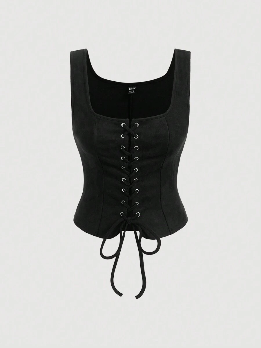 SHEIN MOD Lace Up Front Black Eyelet Decoration Tank Top Corset Top