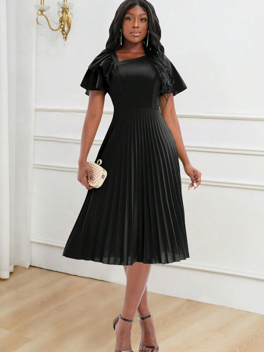 Solid Ruffle Trim Pleated Hem Dress Church Dress Dress For Churches