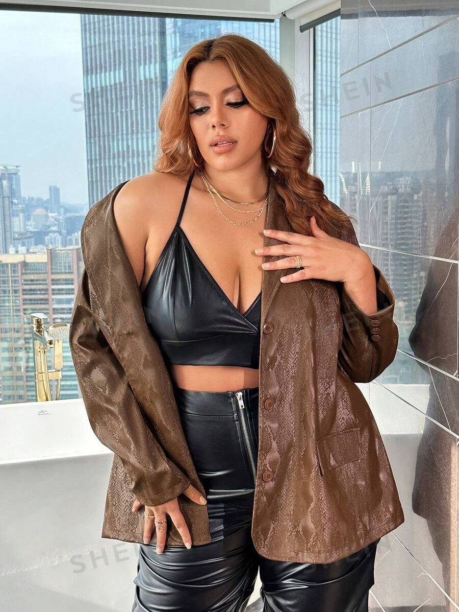 SHEIN SXY Talla grande Blazer de cuello con solapa con botón delantero PU