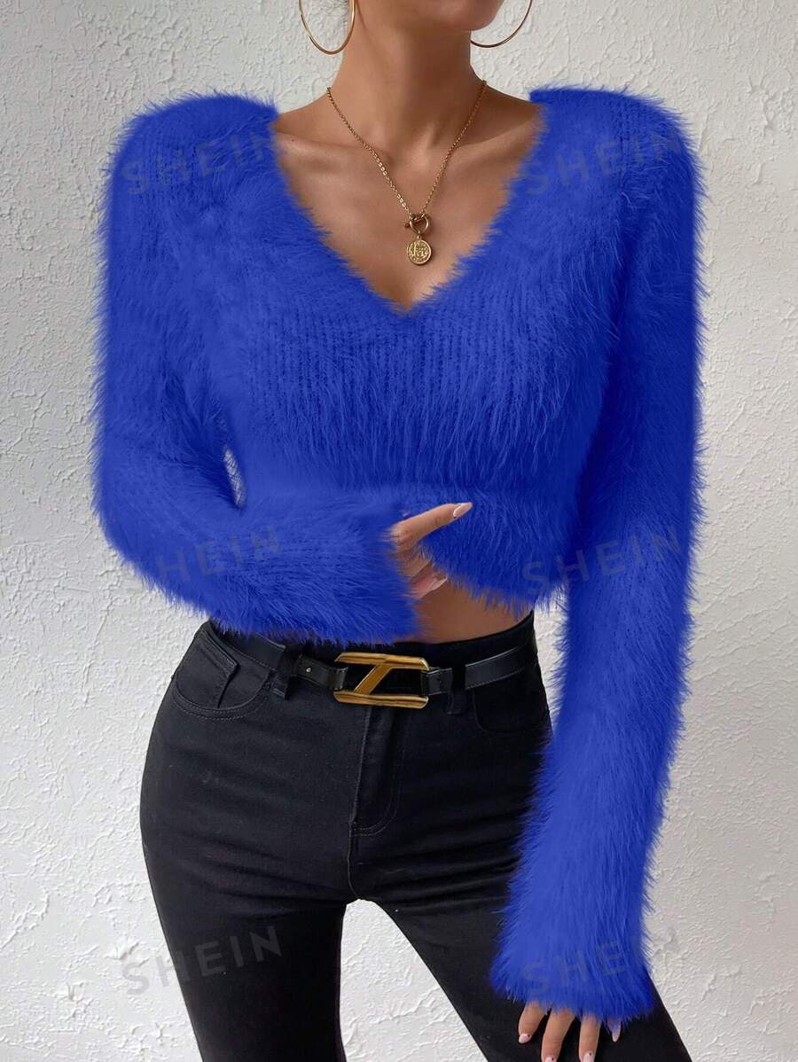 Allurite Jersey unicolor de cuello V crop de peluche