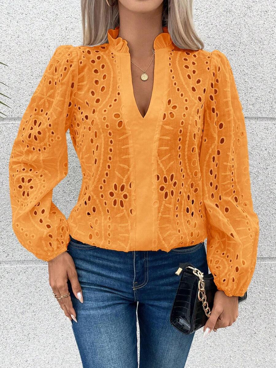 SHEIN Clasi Eyelet Embroidery Frill Trim Lantern Sleeve Notched Neckline Blouse