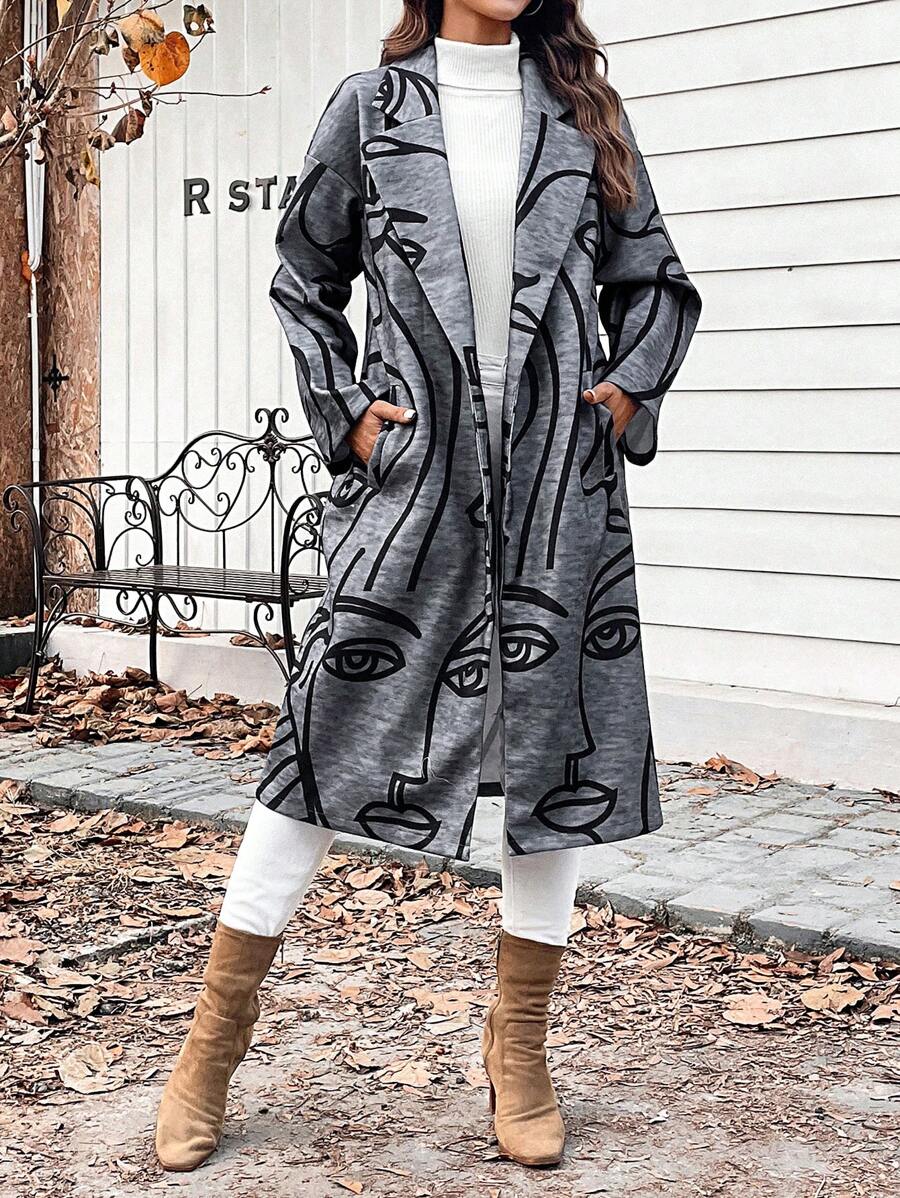 SHEIN LUNE Figure Graphic Lapel Neck Open Front Overcoat