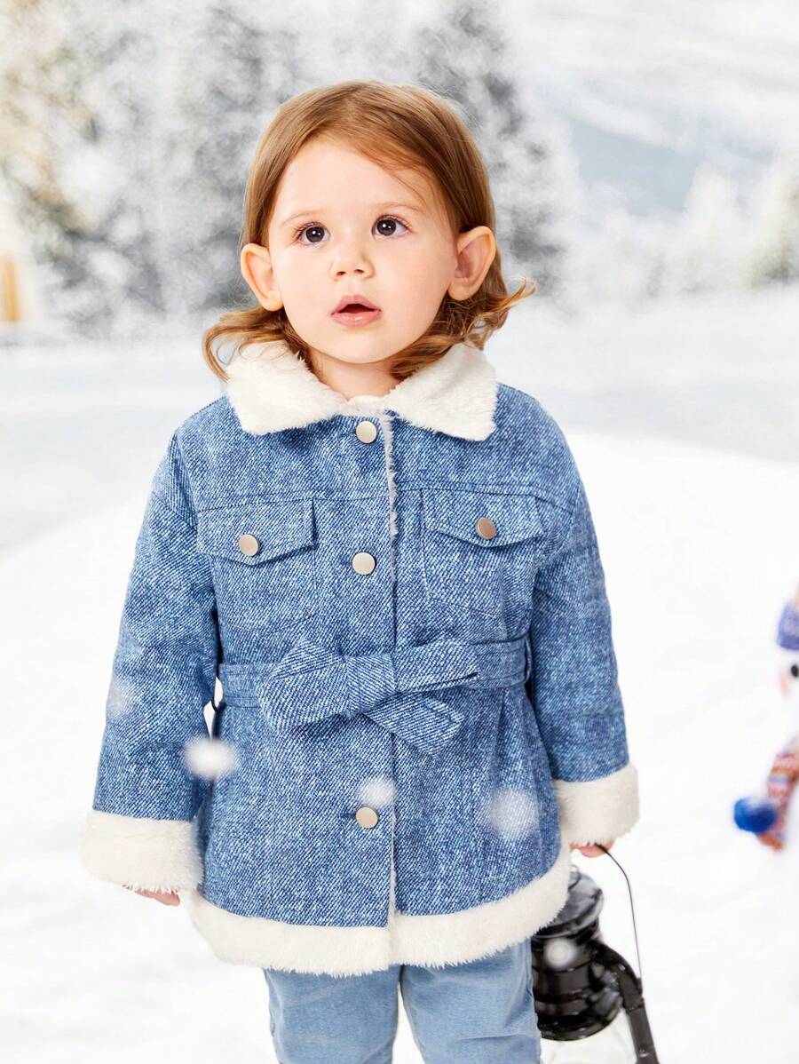 SHEIN Infant Girls' Casual Thermal Lined Long Coat With Lapel Collar And Belt