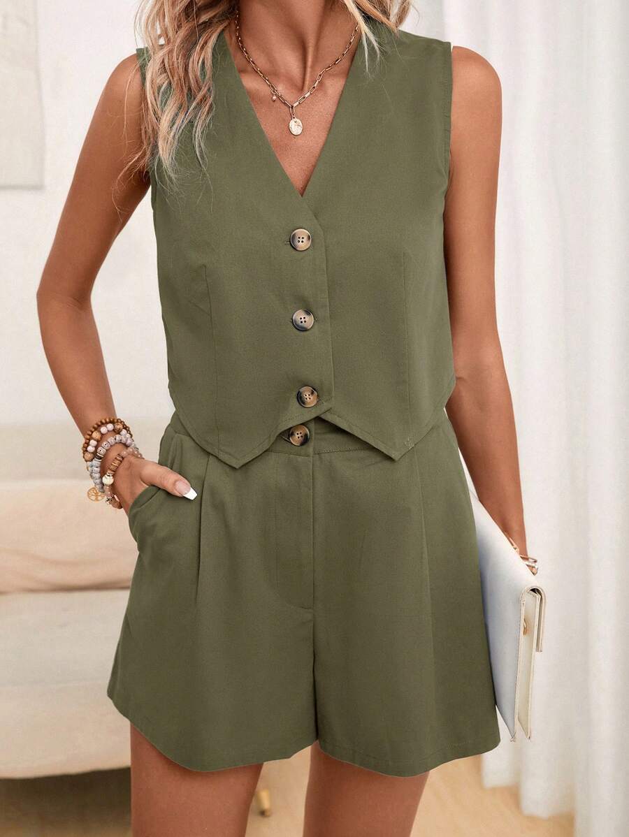SHEIN LUNE Solid Button Front Vest Jacket & Shorts