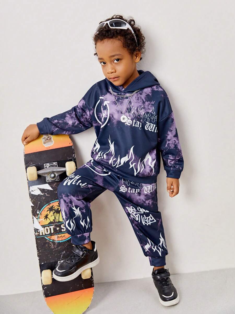 Young Boy Casual Loose Tie Dye Flame & Smiling Face Hoodie Sweatshirt With Knitted Pants Set, Fleece Thickened