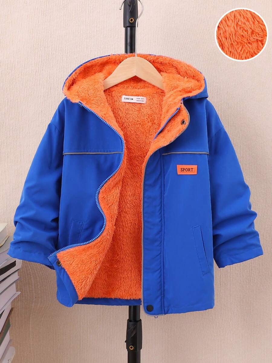 SHEIN Young Boys' Casual Comfortable Hooded Jacket With Reflective Stripes Car Edge Decoration And Thermal Lined