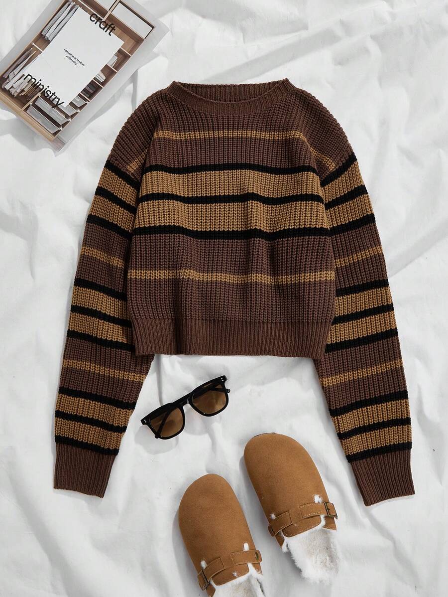 EMERY ROSE Striped Pattern Drop Shoulder Sweater,Long Sleeve Tops