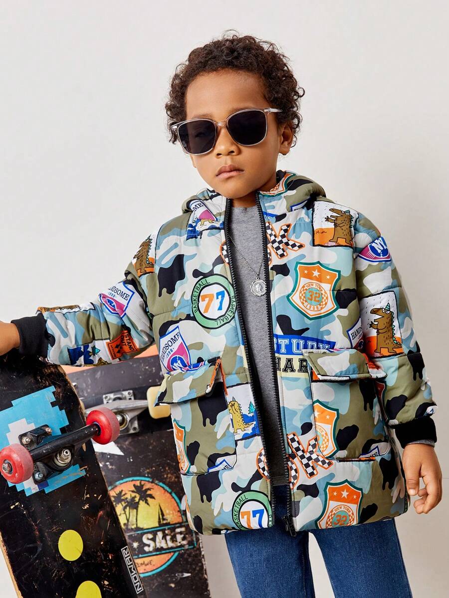 SHEIN Young Boy Cartoon Graphic Hooded Padded Coat