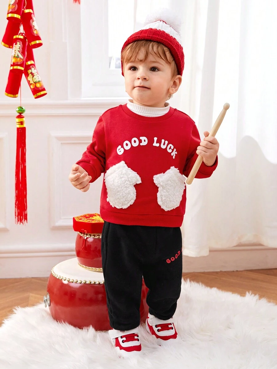 SHEIN Sudadera Con Capucha Y Pantalón De Chándal Para Bebé Con Letras Y Gráficos, Con Bolsillo Y Parches De Osito De Peluche