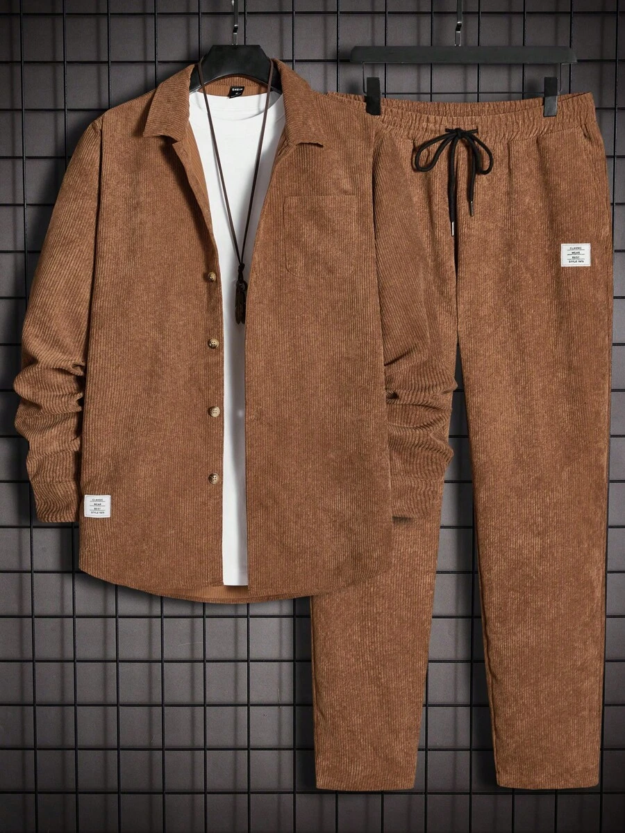 Manfinity VCAY Loose Fit 2pcs/Set Men's Knitted Casual Long Sleeve Shirt And Pants Suit